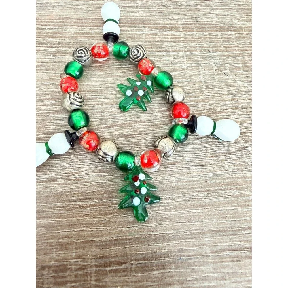 Christmas Lampwork Glass Snowman Tree Charm Stretch Bracelet Holiday Jewelry Fe